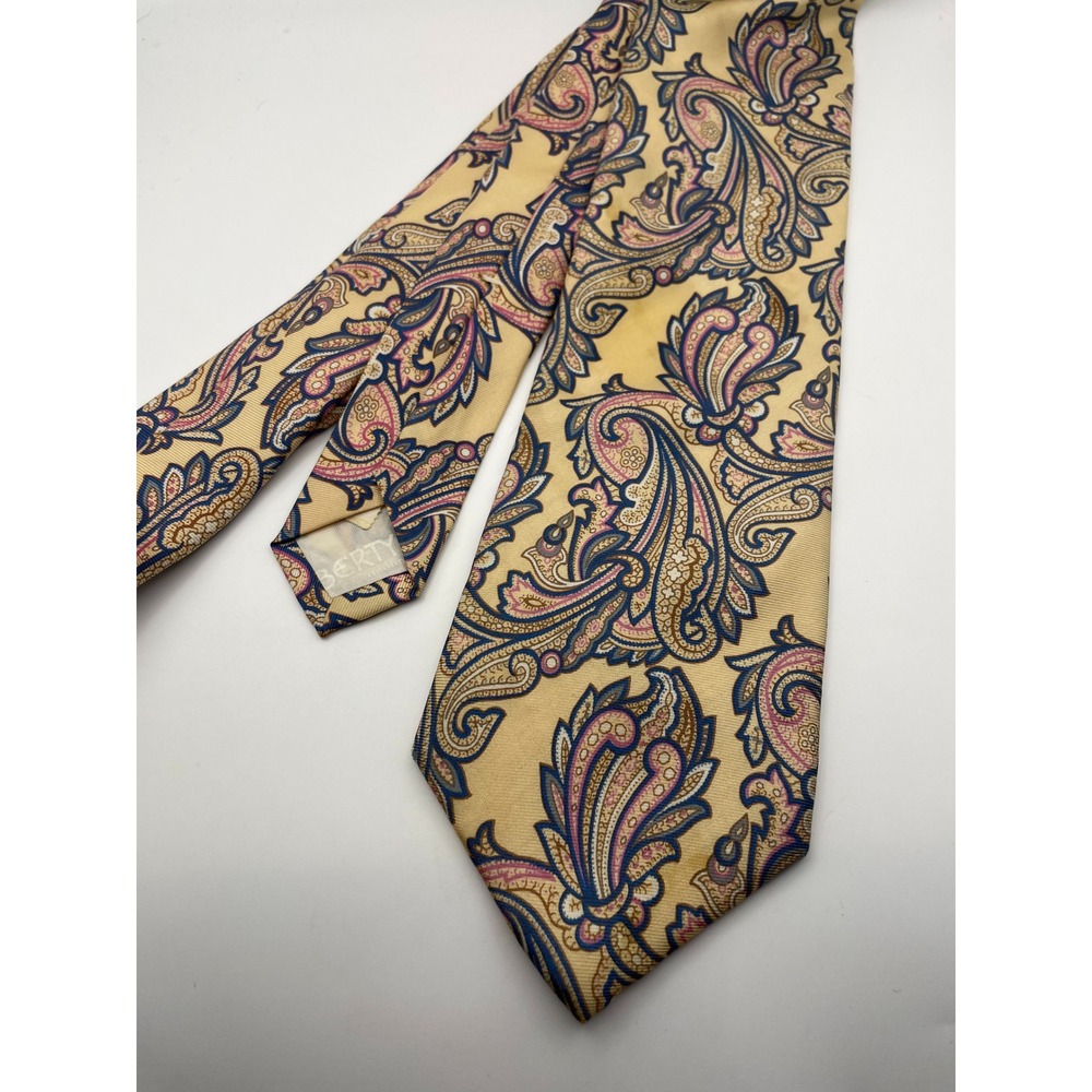 Liberty of London Mens Silk Paisley Necktie Tan Blue Pink Made in USA Classic